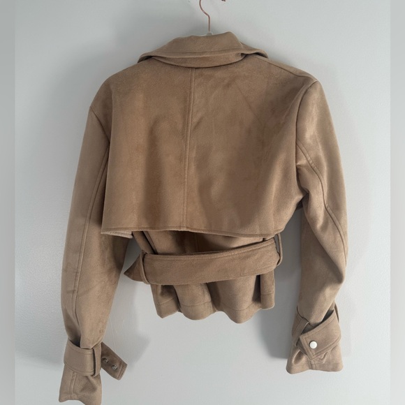 Tan Cropped Belted Trench Jacket – Suede Look, Lined, Size S - Picture 3 of 6